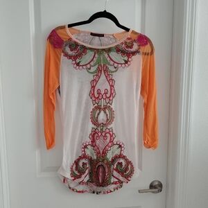 Custo Barcelona Artistic Orange and White Long Sleeve Top
